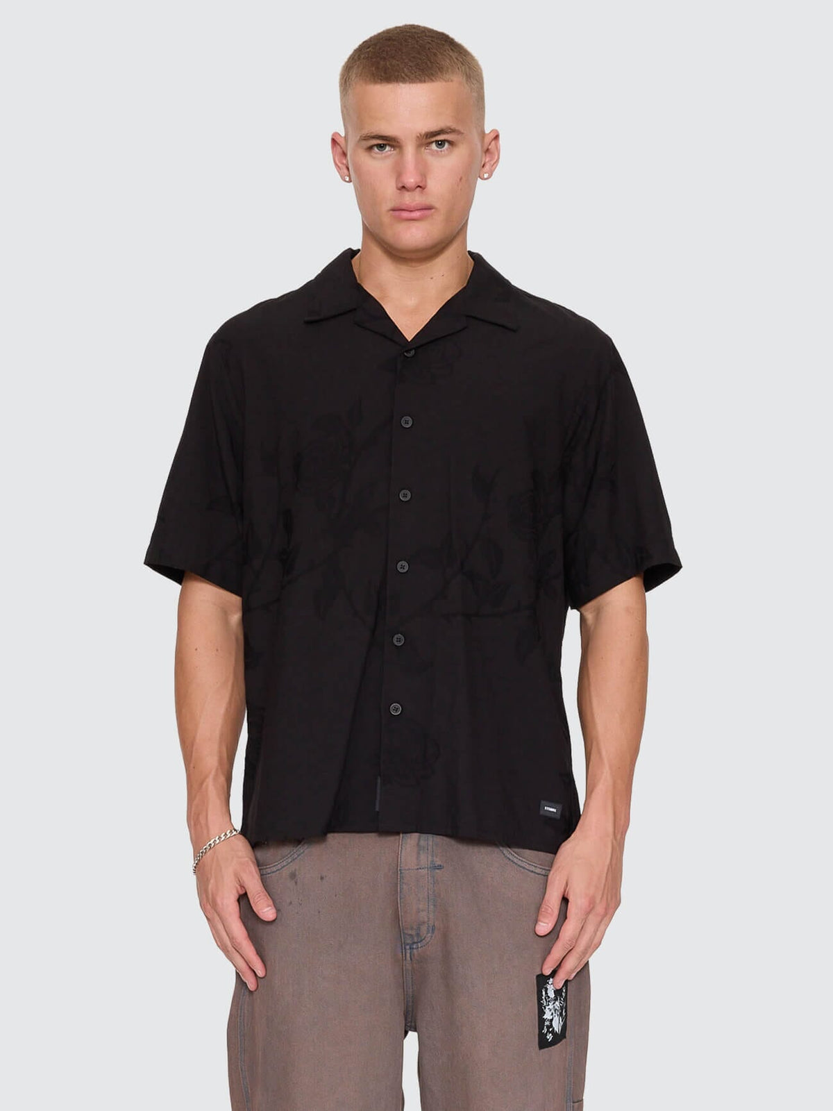 Time Will Tell Cropped Bowling Shirt - Black