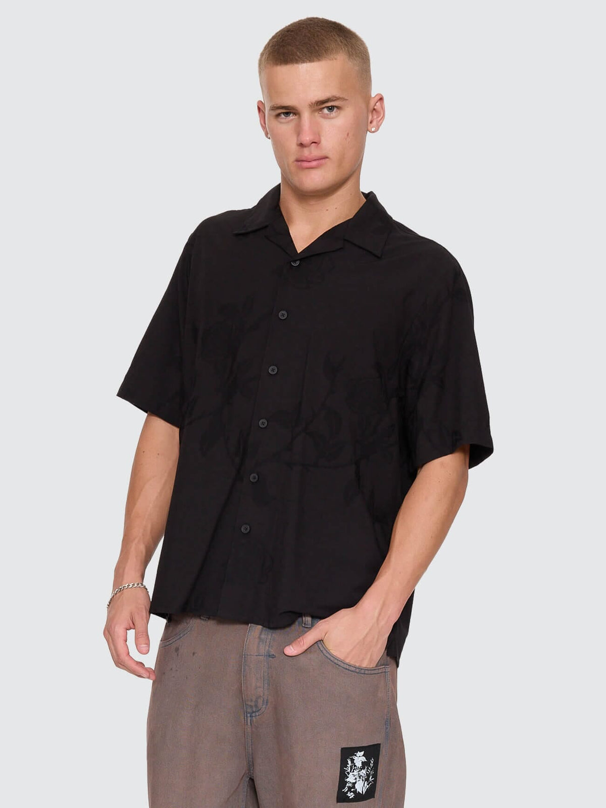 Time Will Tell Cropped Bowling Shirt - Black