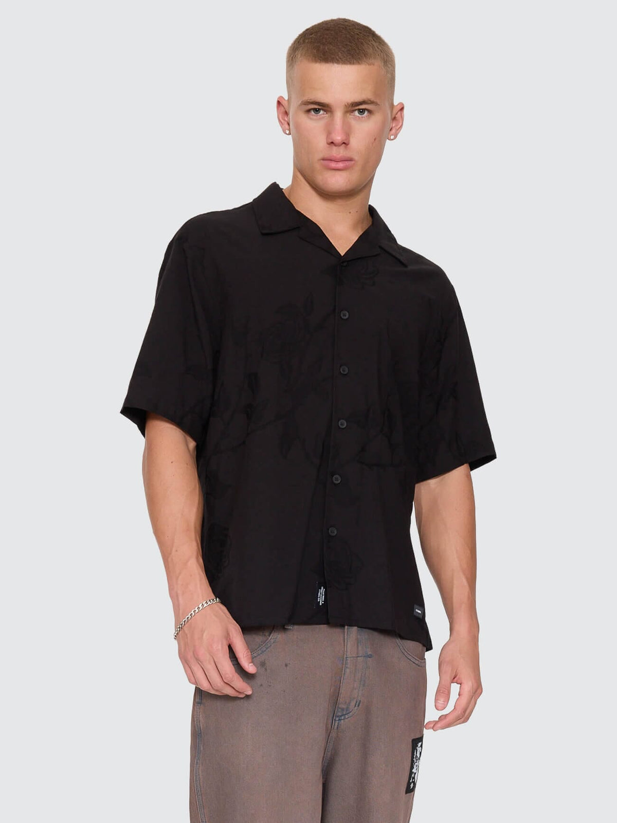 Time Will Tell Cropped Bowling Shirt - Black