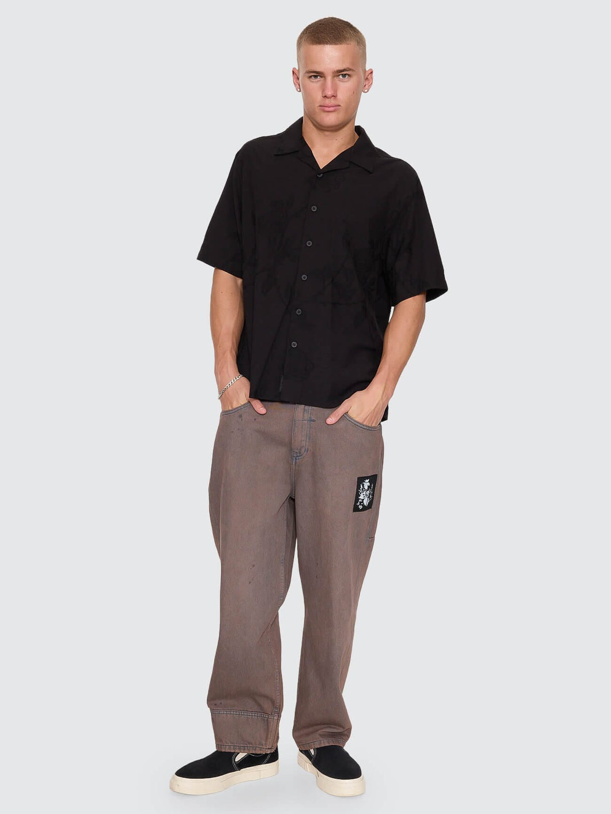 Time Will Tell Cropped Bowling Shirt - Black